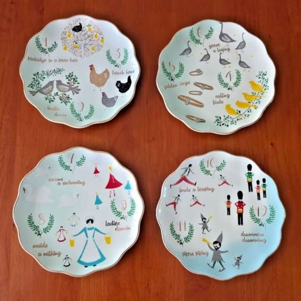 World Market 12 Days of Christmas Stoneware Scalloped Edge Plates 7.5” Set of 4